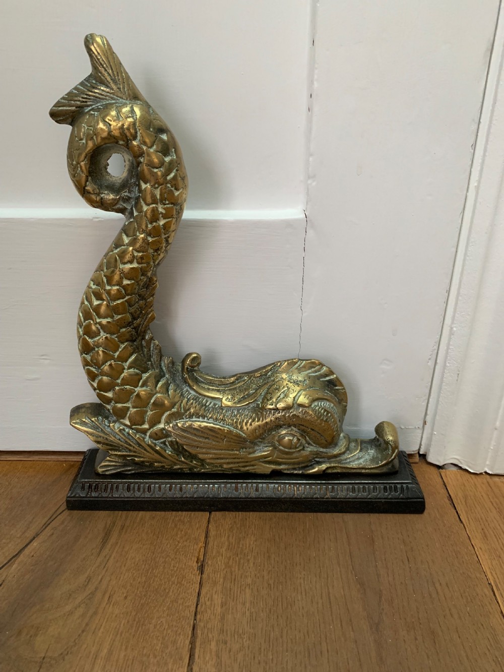 Victorian Brass Mythical Fish or Dolphin Doorstop Door Stop Porter on Cast Iron Base