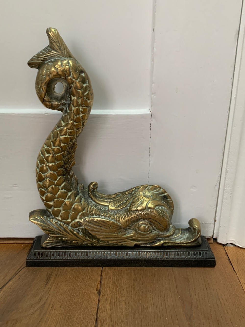 Victorian Brass Mythical Fish or Dolphin Doorstop Door Stop Porter on Cast Iron Base View II