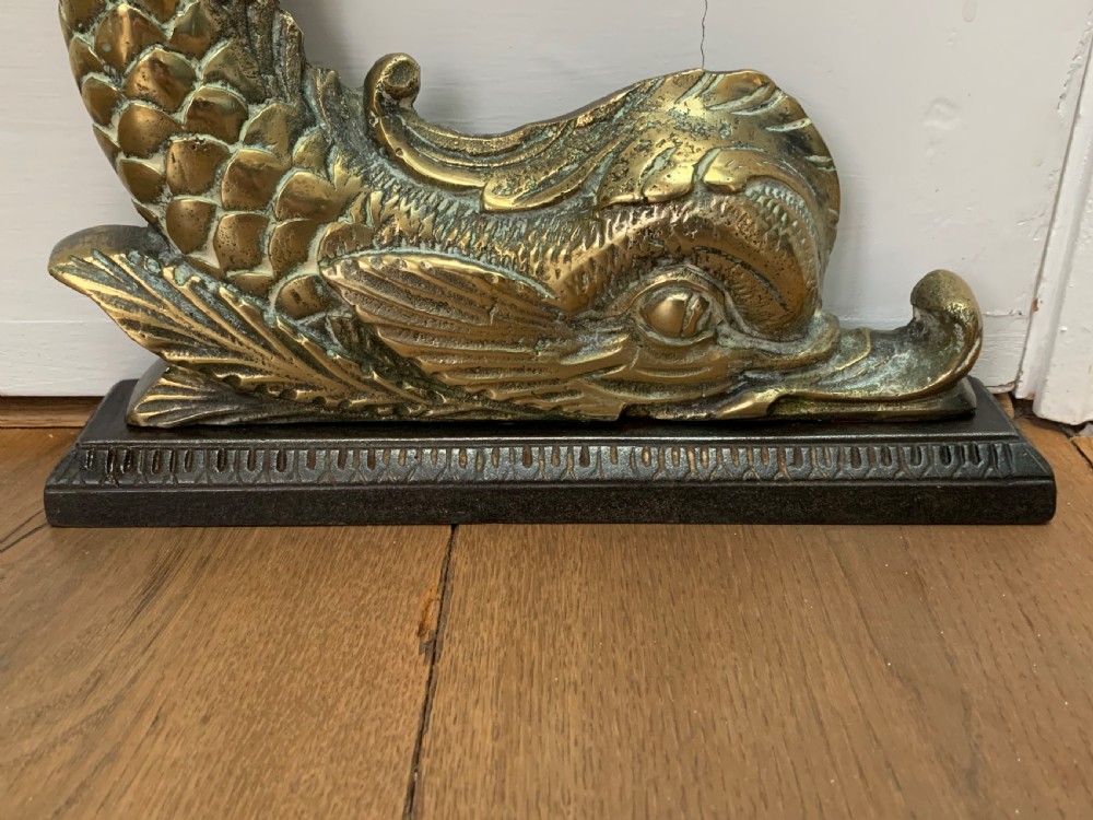 Victorian Brass Mythical Fish or Dolphin Doorstop Door Stop Porter on Cast Iron Base View III