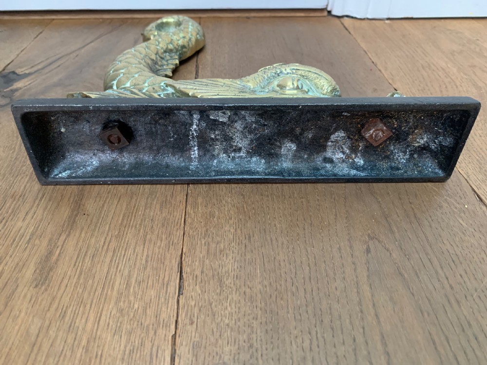 Victorian Brass Mythical Fish or Dolphin Doorstop Door Stop Porter on Cast Iron Base View IV