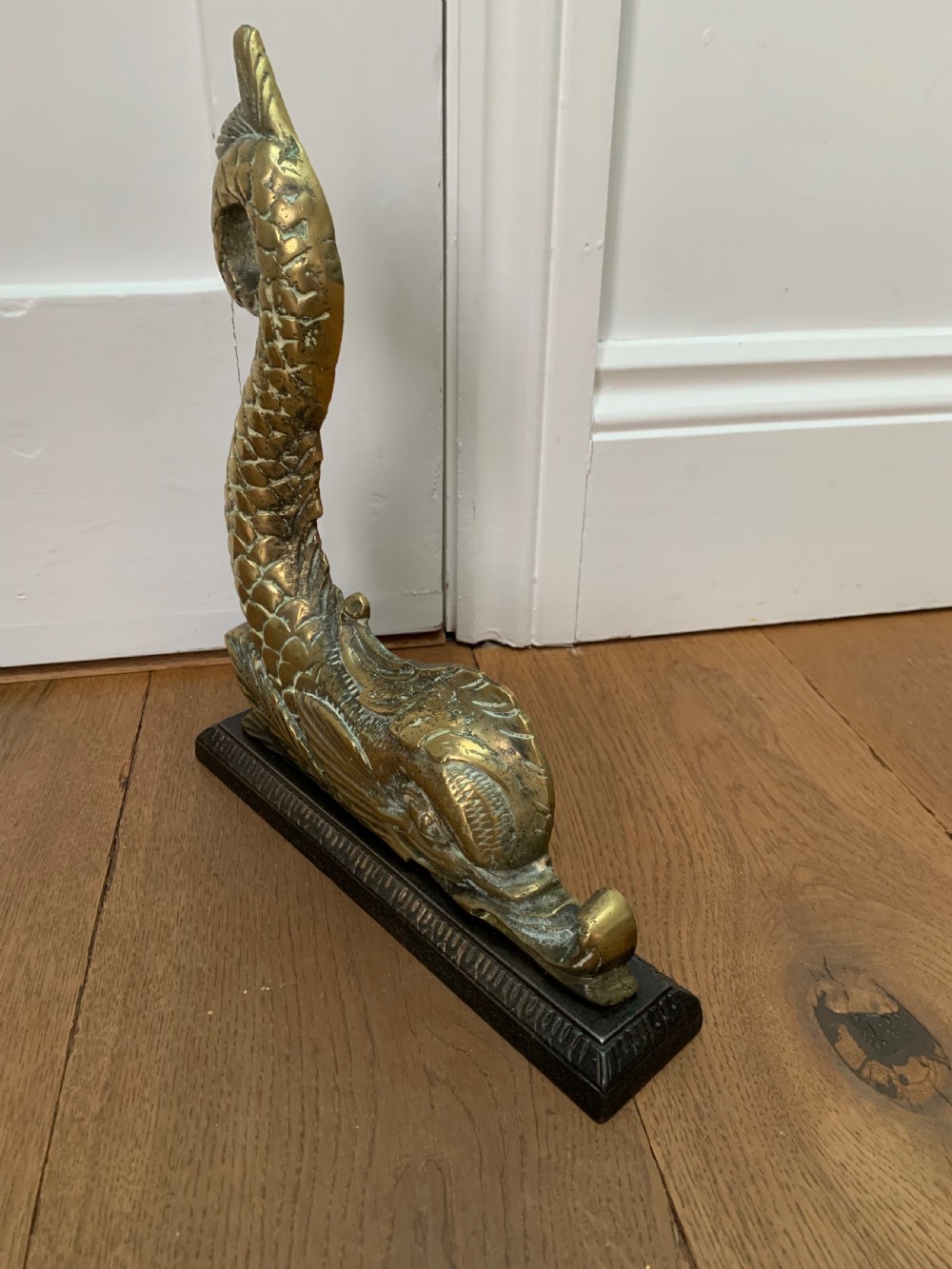 Victorian Brass Mythical Fish or Dolphin Doorstop Door Stop Porter on Cast Iron Base View VI