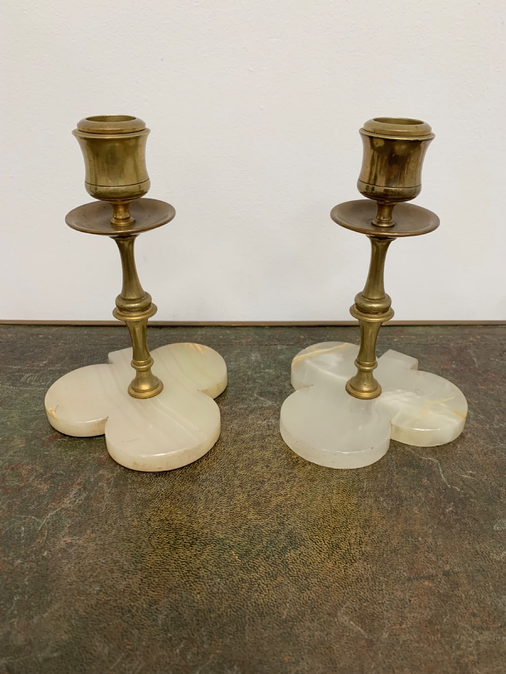 Unusual Victorian Aesthetic Gilt Brass and Alabaster ‘Clubs’ Candlesticks, a Pair