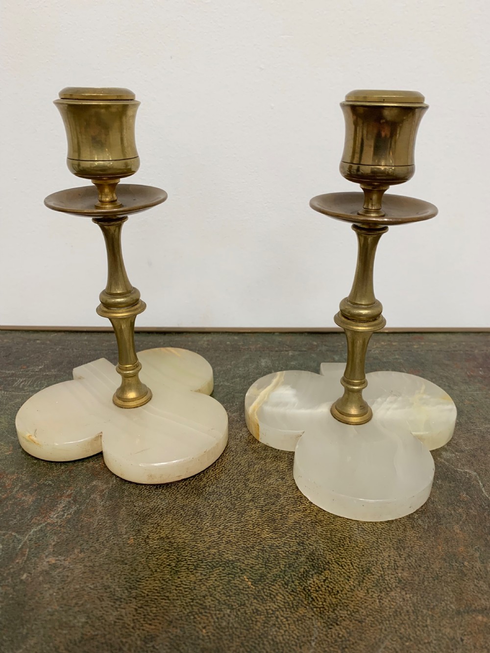Unusual Victorian Aesthetic Gilt Brass and Alabaster ‘Clubs’ Candlesticks, a Pair View II
