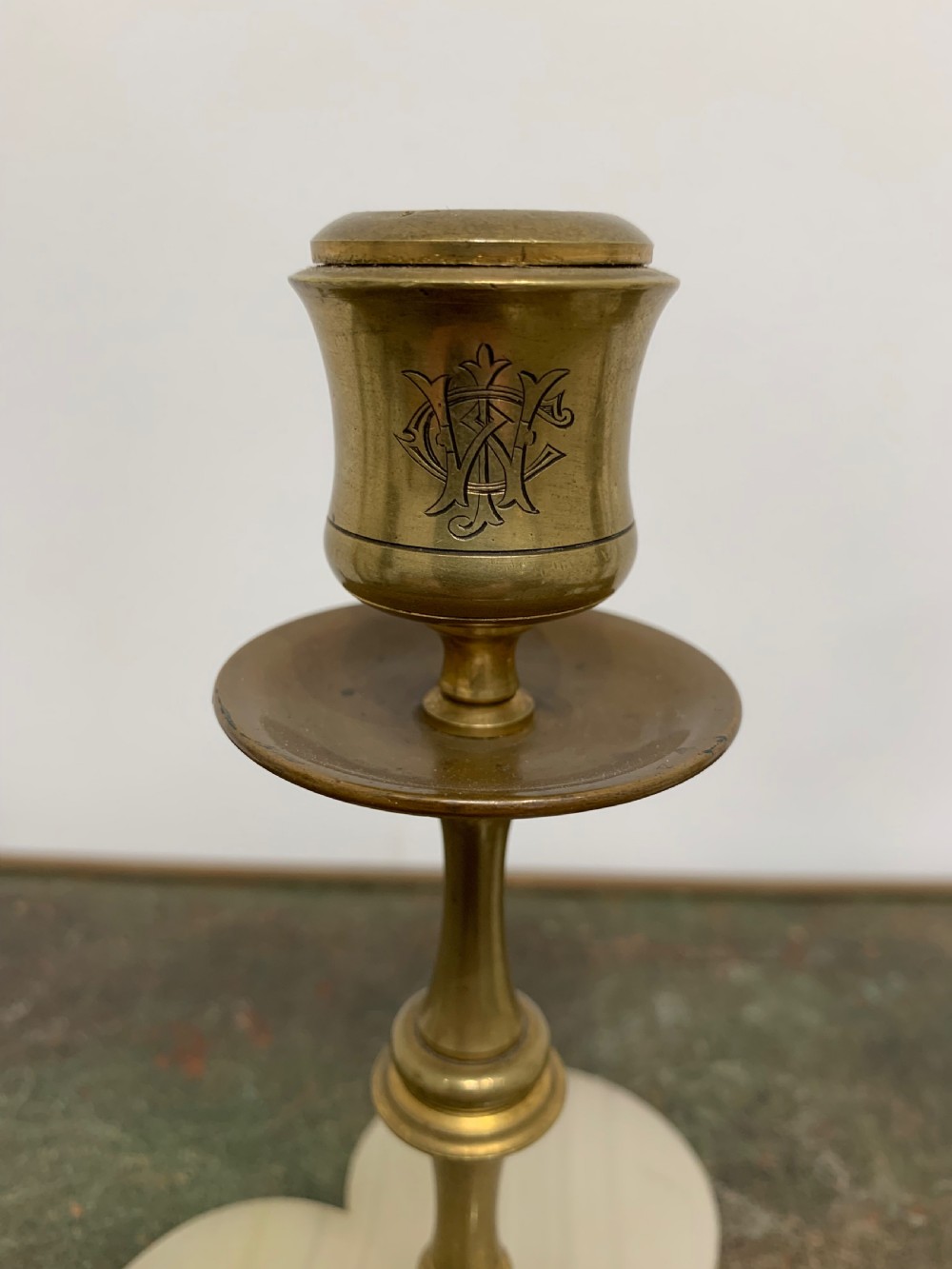 Unusual Victorian Aesthetic Gilt Brass and Alabaster ‘Clubs’ Candlesticks, a Pair View III