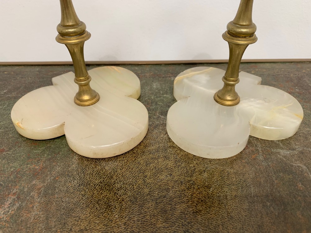 Unusual Victorian Aesthetic Gilt Brass and Alabaster ‘Clubs’ Candlesticks, a Pair View IV