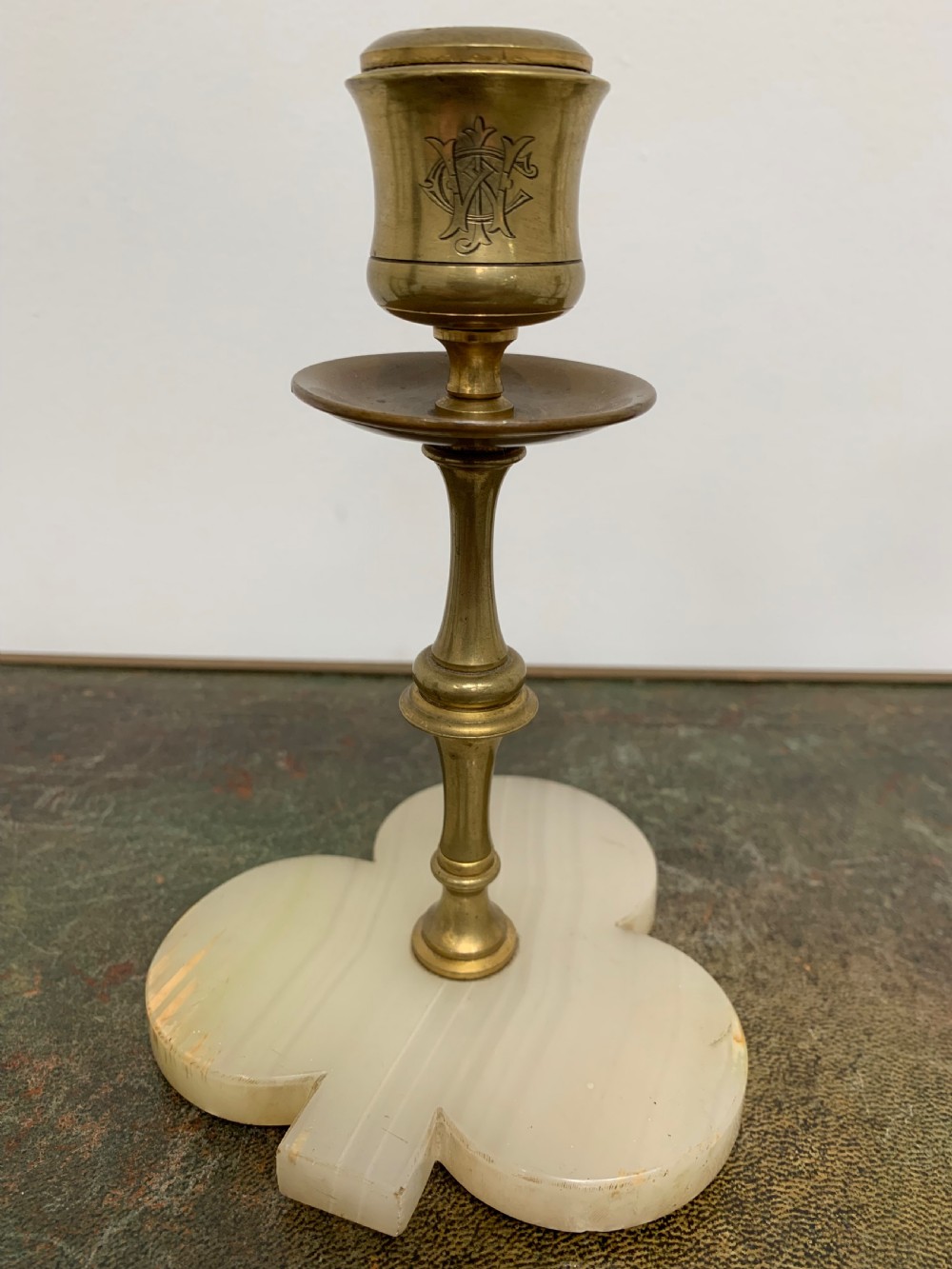 Unusual Victorian Aesthetic Gilt Brass and Alabaster ‘Clubs’ Candlesticks, a Pair View V
