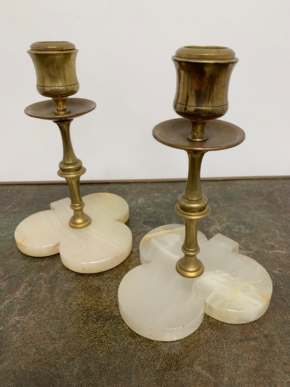 Unusual Victorian Aesthetic Gilt Brass and Alabaster ‘Clubs’ Candlesticks, a Pair View VI