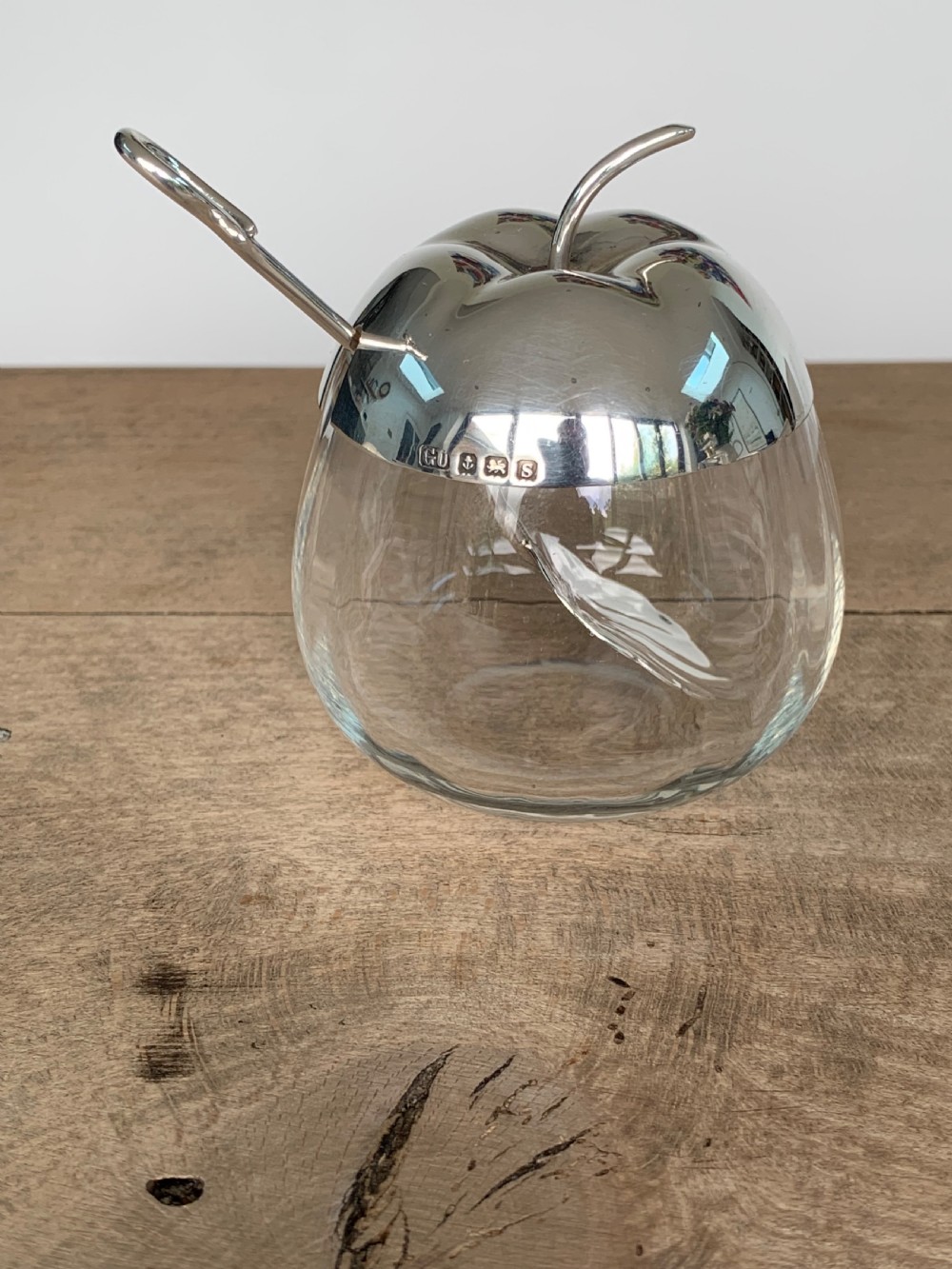 Antique Silver and Glass Apple Shaped Preserve Jar or Pot and Spoon, by George Unite, Birmingham, 1917