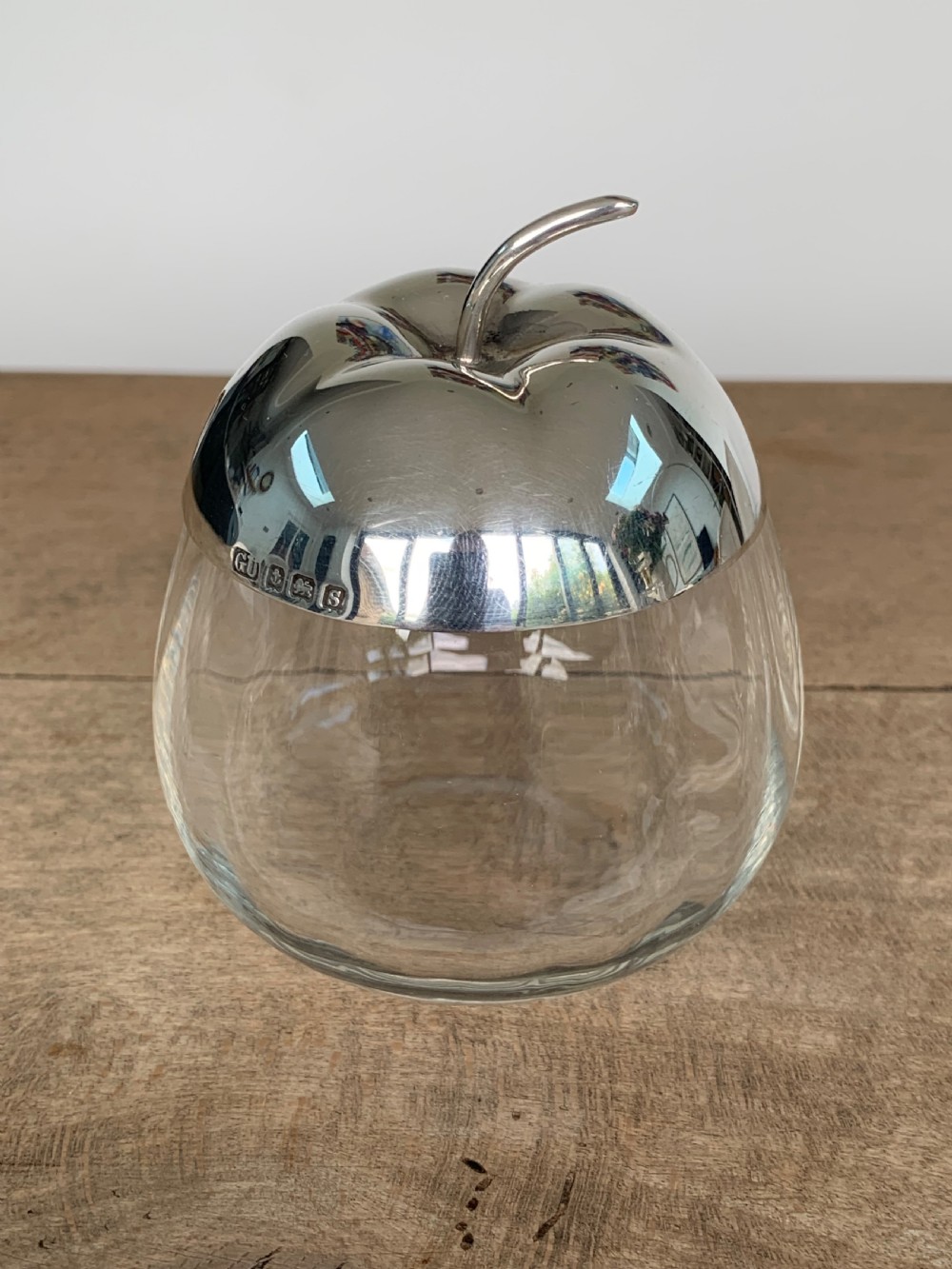 Antique Silver and Glass Apple Shaped Preserve Jar or Pot and Spoon, by George Unite, Birmingham, 1917 View II