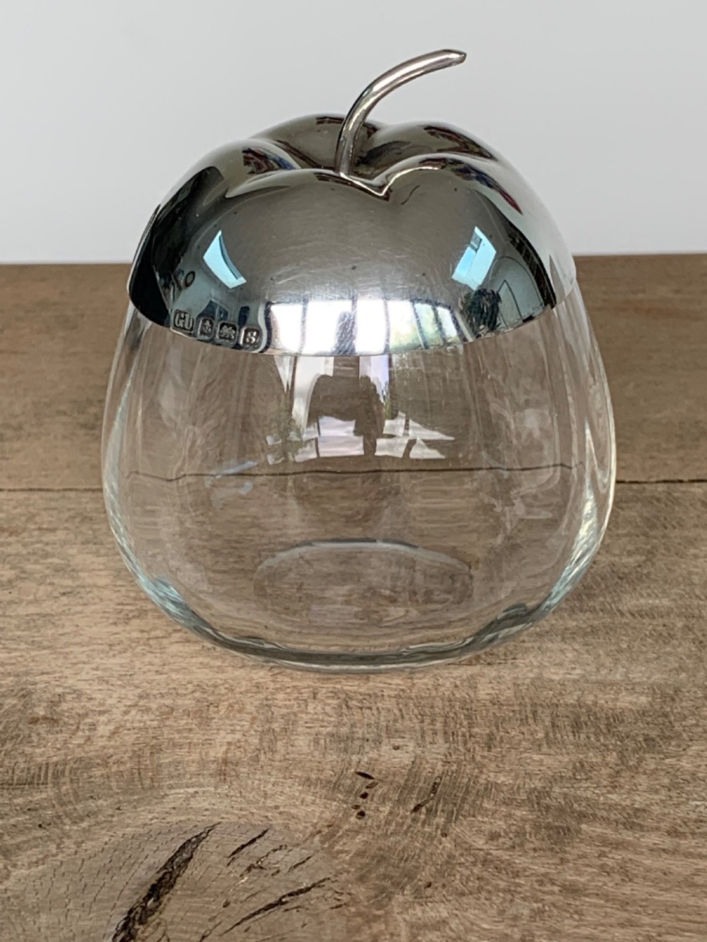 Antique Silver and Glass Apple Shaped Preserve Jar or Pot and Spoon, by George Unite, Birmingham, 1917 View III
