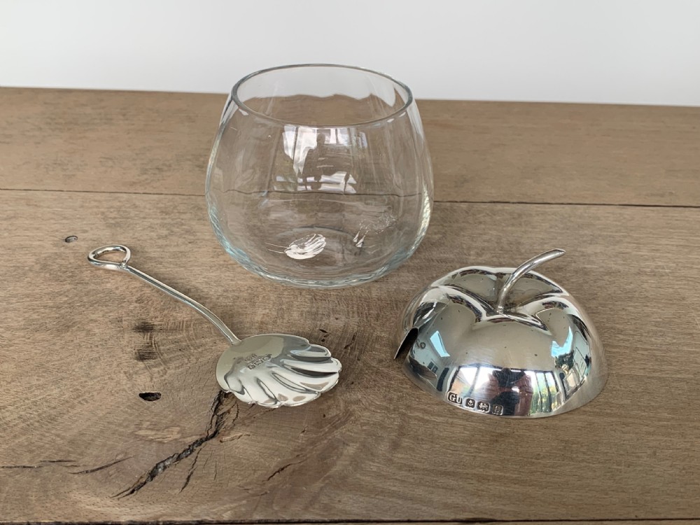 Antique Silver and Glass Apple Shaped Preserve Jar or Pot and Spoon, by George Unite, Birmingham, 1917 View V