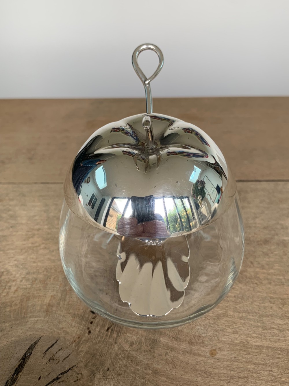 Antique Silver and Glass Apple Shaped Preserve Jar or Pot and Spoon, by George Unite, Birmingham, 1917 View X