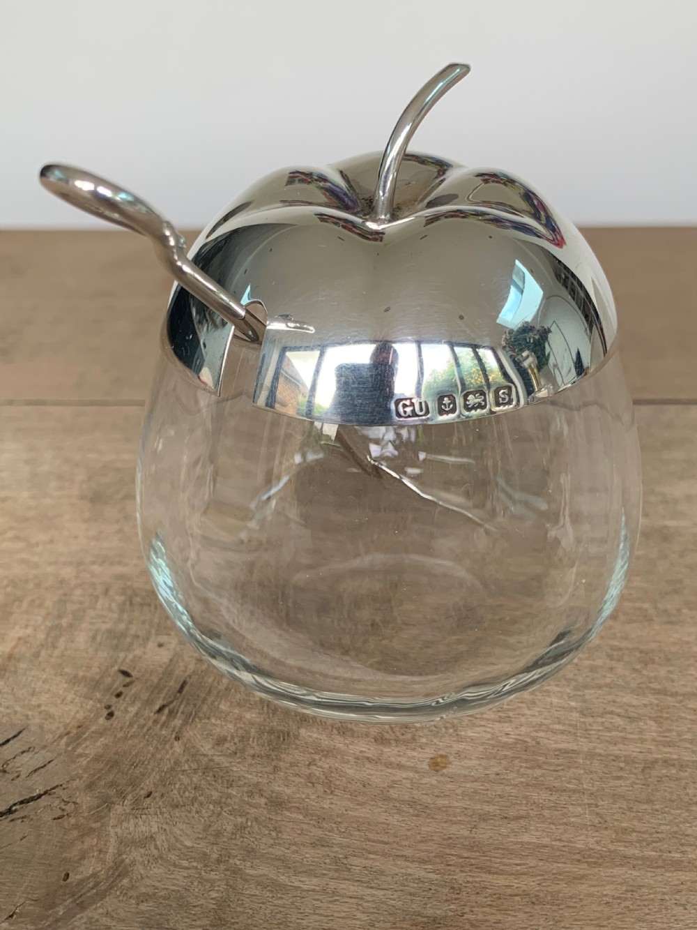 Antique Silver and Glass Apple Shaped Preserve Jar or Pot and Spoon, by George Unite, Birmingham, 1917 View XI
