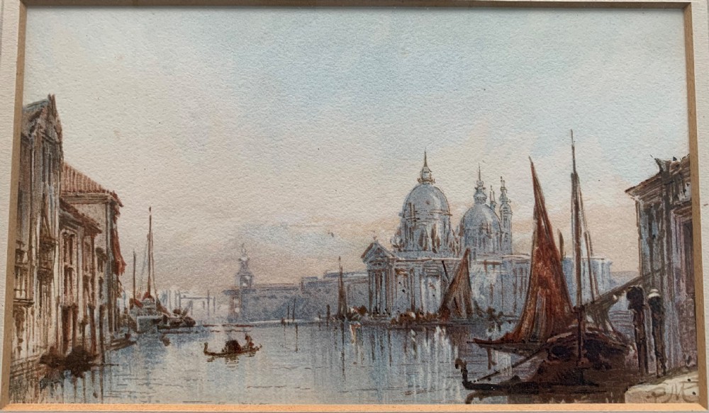 An antique watercolour painting on paper depicting a canal scene with boats and architectural domes in muted blue and brown tones. View III