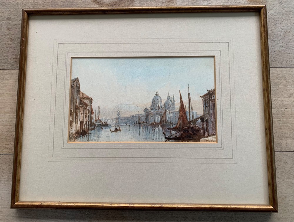 An antique watercolour painting on paper depicting a canal scene with boats and architectural domes in muted blue and brown tones. View II