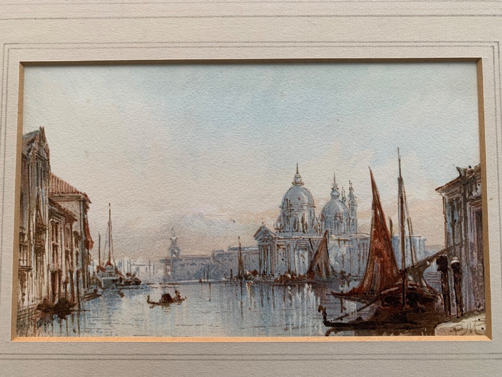 An antique watercolour painting on paper depicting a canal scene with boats and architectural domes in muted blue and brown tones. View IV