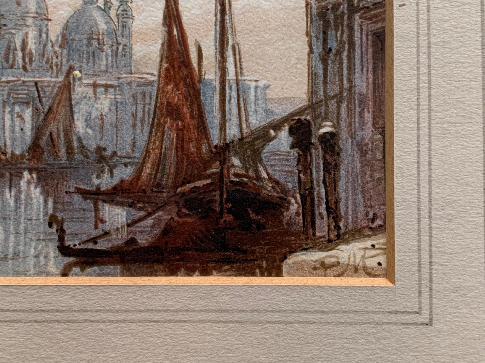An antique watercolour painting on paper depicting a canal scene with boats and architectural domes in muted blue and brown tones. View V