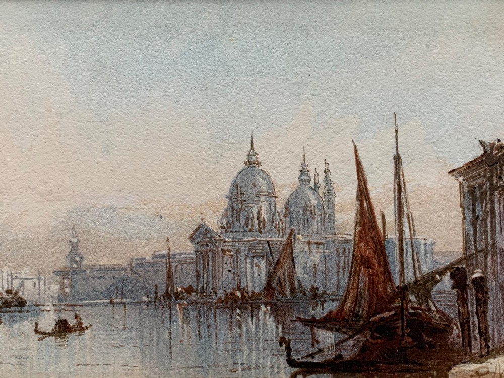 An antique watercolour painting on paper depicting a canal scene with boats and architectural domes in muted blue and brown tones. View VI