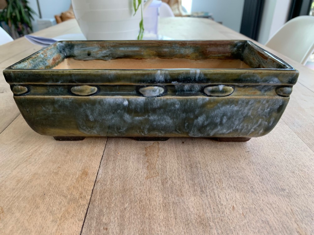 A pair of rectangular stoneware bonsai planters featuring a mottled olive-green drip glaze and embossed beaded rim details. View VI