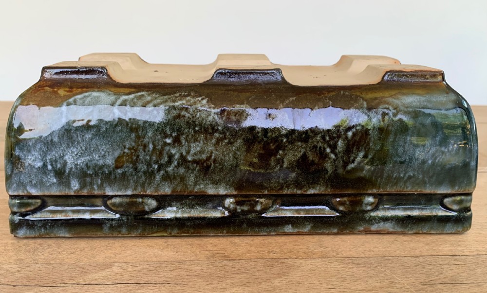 A pair of rectangular stoneware bonsai planters featuring a mottled olive-green drip glaze and embossed beaded rim details. View XI