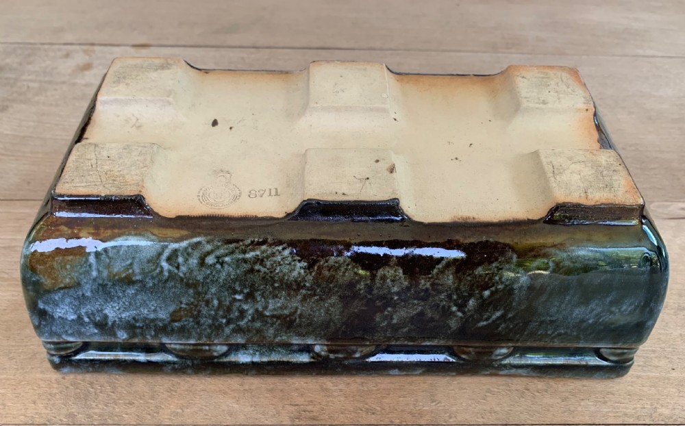 A pair of rectangular stoneware bonsai planters featuring a mottled olive-green drip glaze and embossed beaded rim details. View XII