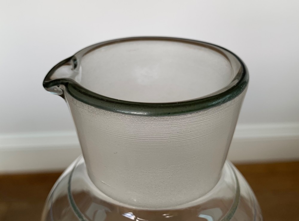 A clear glass Art Deco cocktail shaker featuring a ground glass neck, silver painted lines, and a hand-painted white cockerel motif with a red comb. View IX