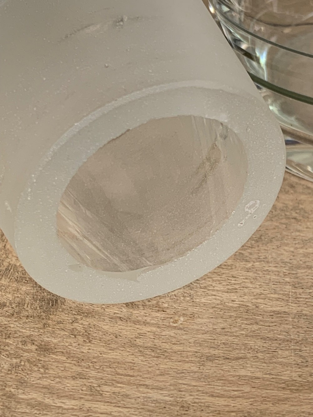 A clear glass Art Deco cocktail shaker featuring a ground glass neck, silver painted lines, and a hand-painted white cockerel motif with a red comb. View XII