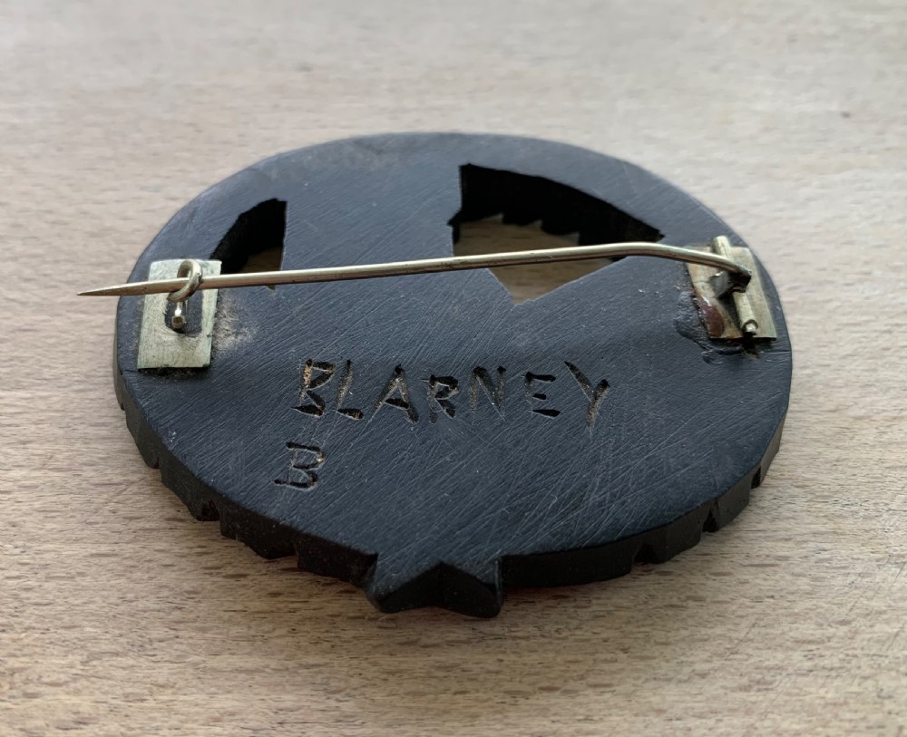A hand-carved black bog oak oval brooch depicting Blarney Castle enclosed within a leaf border. View III