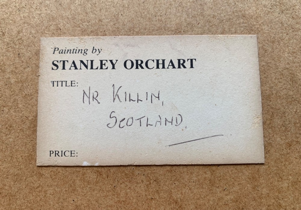 A framed watercolour landscape painting depicting rolling green hills and distant grey mountains near Killin, Scotland, signed by Stanley Orchart. View V