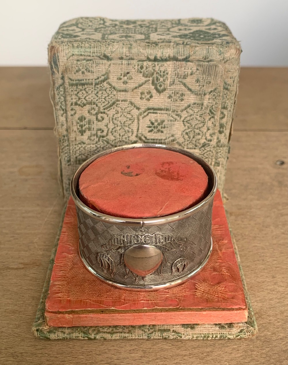 Very Interesting 19thC Chinese White Metal Napkin Ring with Lotus Flower Decoration by Cutshing, Canton