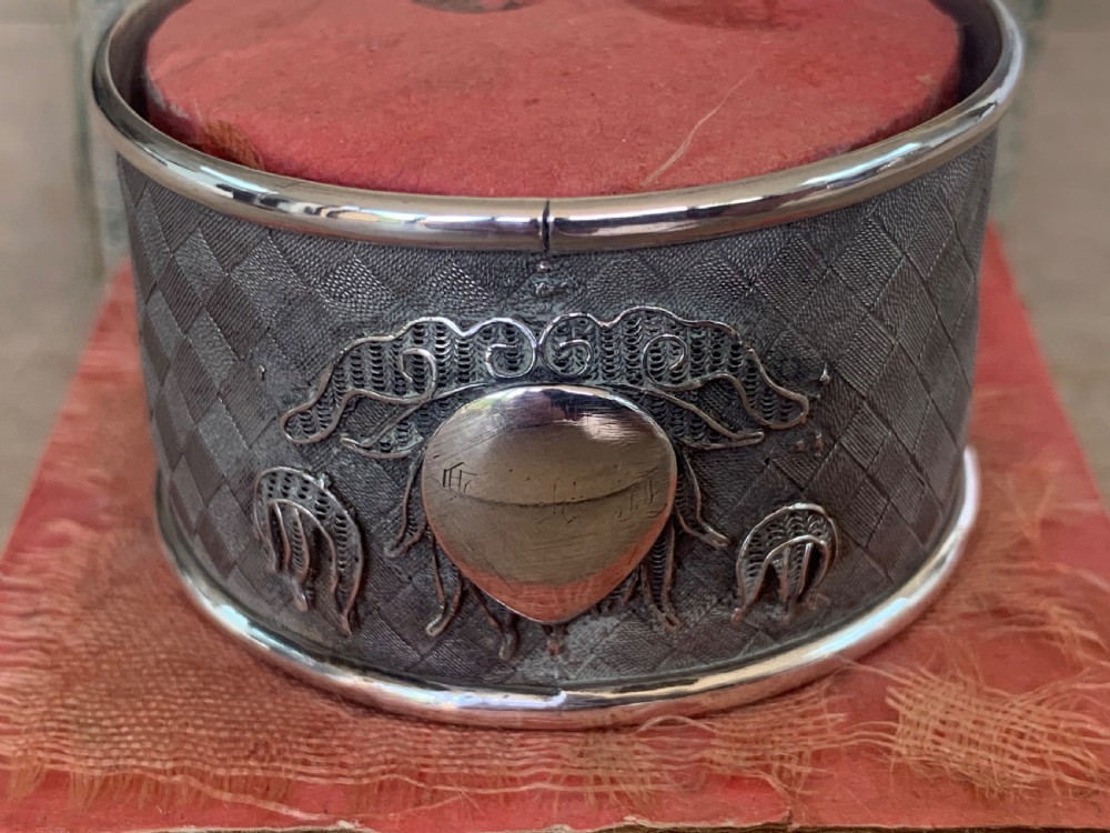 Very Interesting 19thC Chinese White Metal Napkin Ring with Lotus Flower Decoration by Cutshing, Canton View II