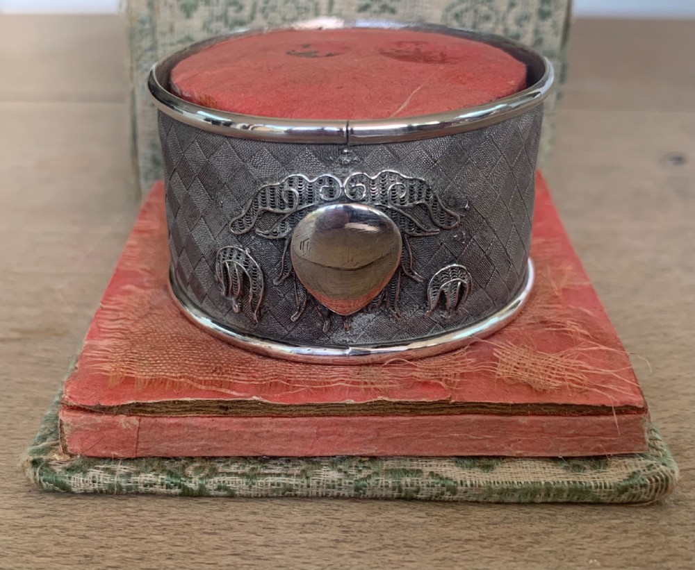 Very Interesting 19thC Chinese White Metal Napkin Ring with Lotus Flower Decoration by Cutshing, Canton View III