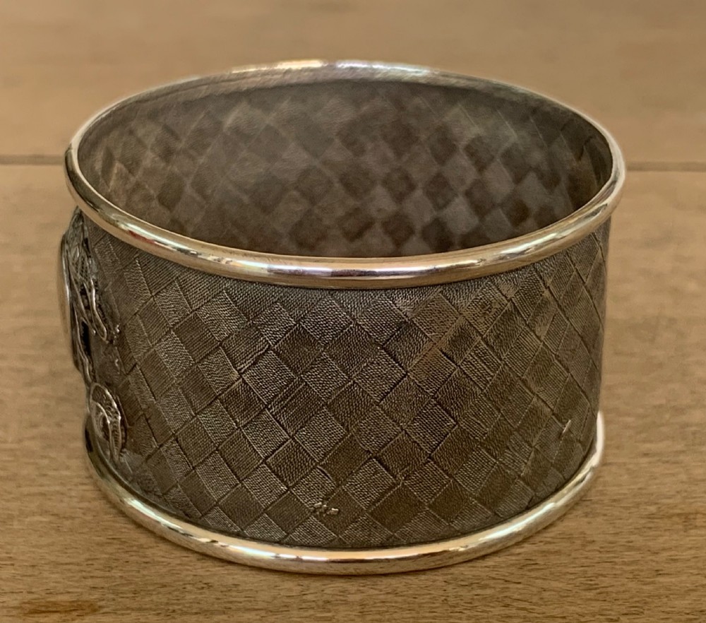 Very Interesting 19thC Chinese White Metal Napkin Ring with Lotus Flower Decoration by Cutshing, Canton View IX