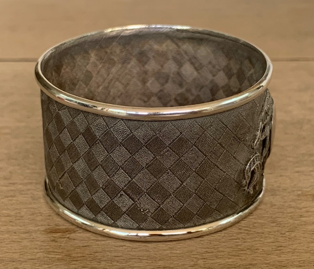 Very Interesting 19thC Chinese White Metal Napkin Ring with Lotus Flower Decoration by Cutshing, Canton View X