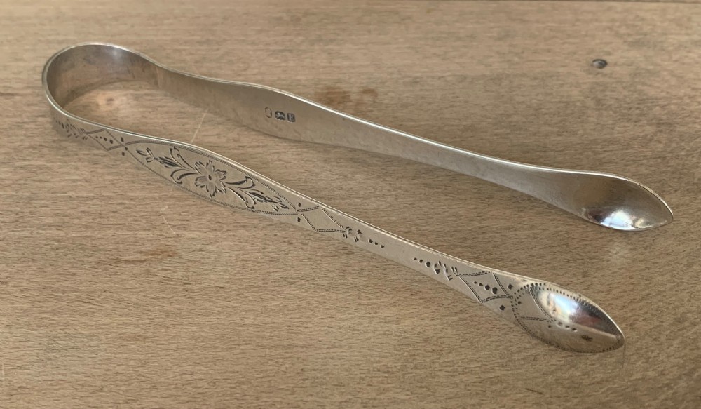 Fine Georgian Bright Cut Silver Sugar Tongs by Peter, Ann and William Bateman London 1800