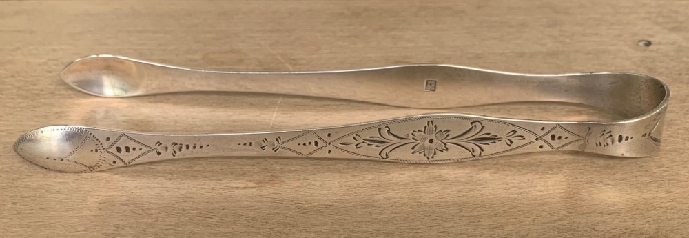 Fine Georgian Bright Cut Silver Sugar Tongs by Peter, Ann and William Bateman London 1800 View X