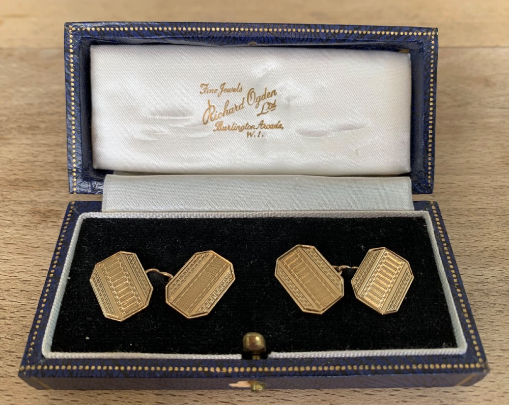 Vintage 9ct Yellow Gold Art Deco Style Engine Turned Cufflinks