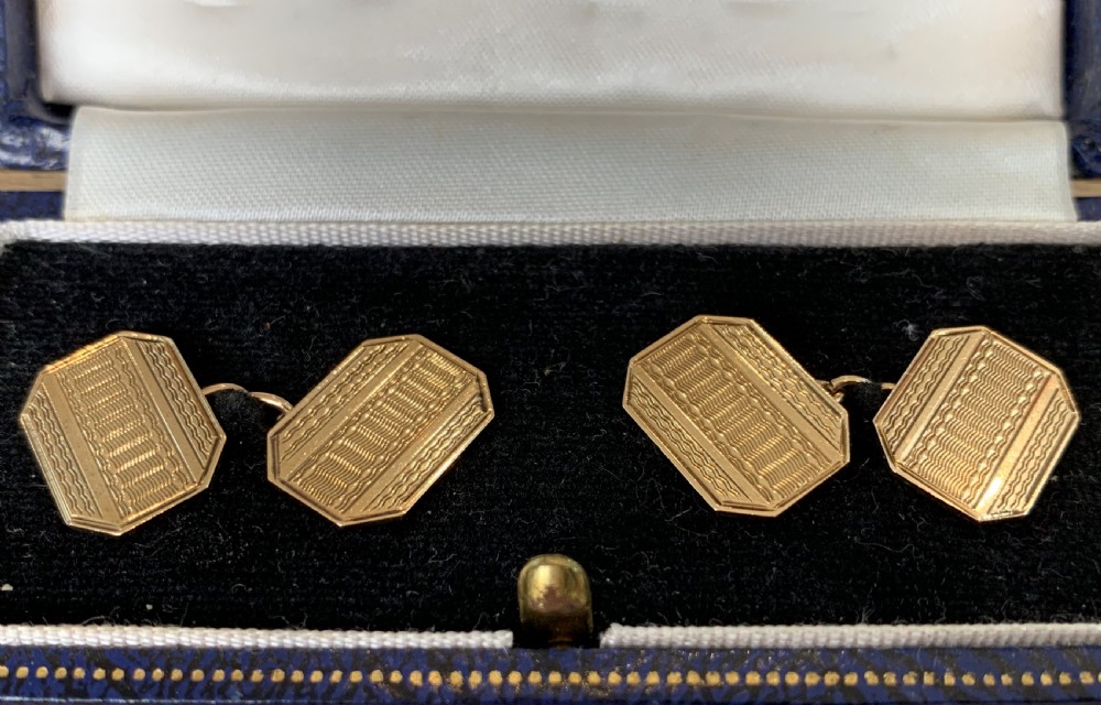 Vintage 9ct Yellow Gold Art Deco Style Engine Turned Cufflinks View II