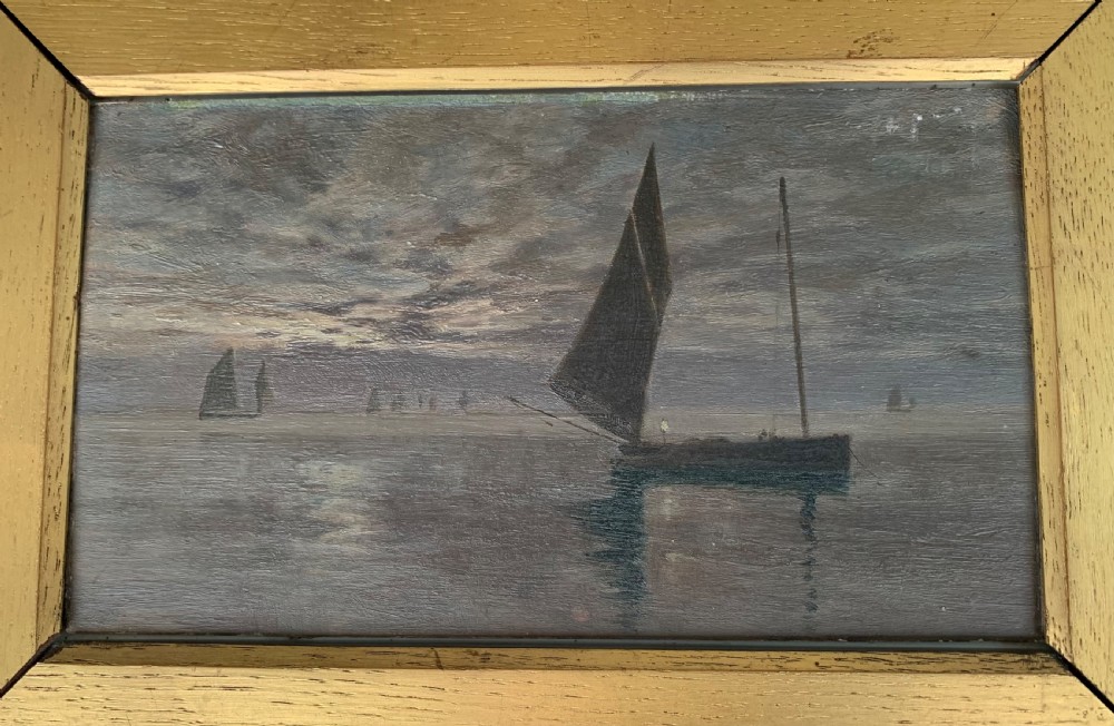 A 19th-century oil painting on board depicting sailing vessels on calm waters under an overcast sky, framed in a wide gilt frame. View IV