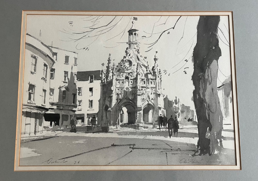 A framed monochrome watercolour painting depicting the historic Market Cross and surrounding buildings in Chichester, Sussex, signed by Stanley Orchart. View II
