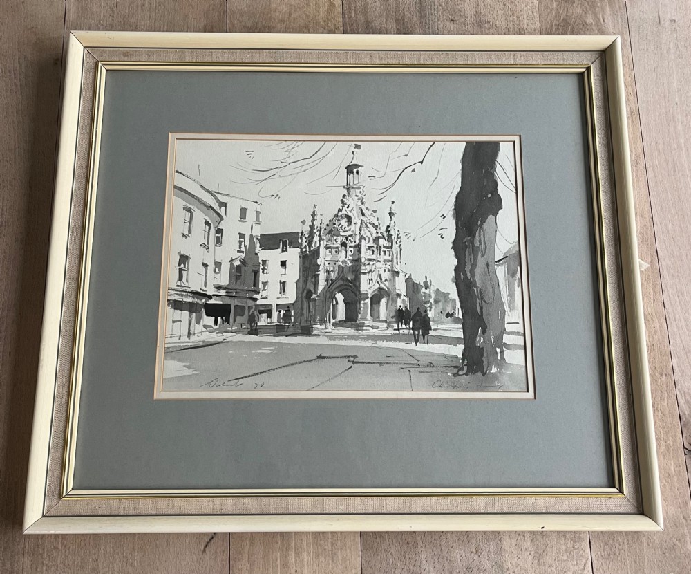 A framed monochrome watercolour painting depicting the historic Market Cross and surrounding buildings in Chichester, Sussex, signed by Stanley Orchart. View III