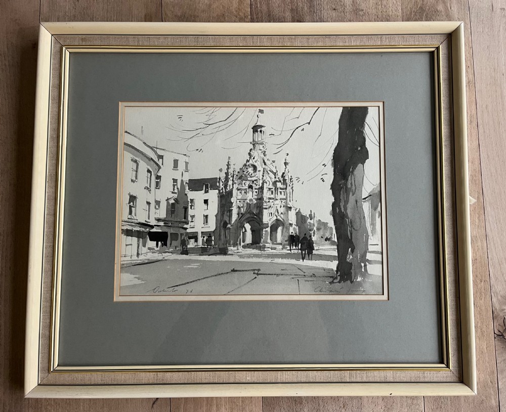 A framed monochrome watercolour painting depicting the historic Market Cross and surrounding buildings in Chichester, Sussex, signed by Stanley Orchart. View IV