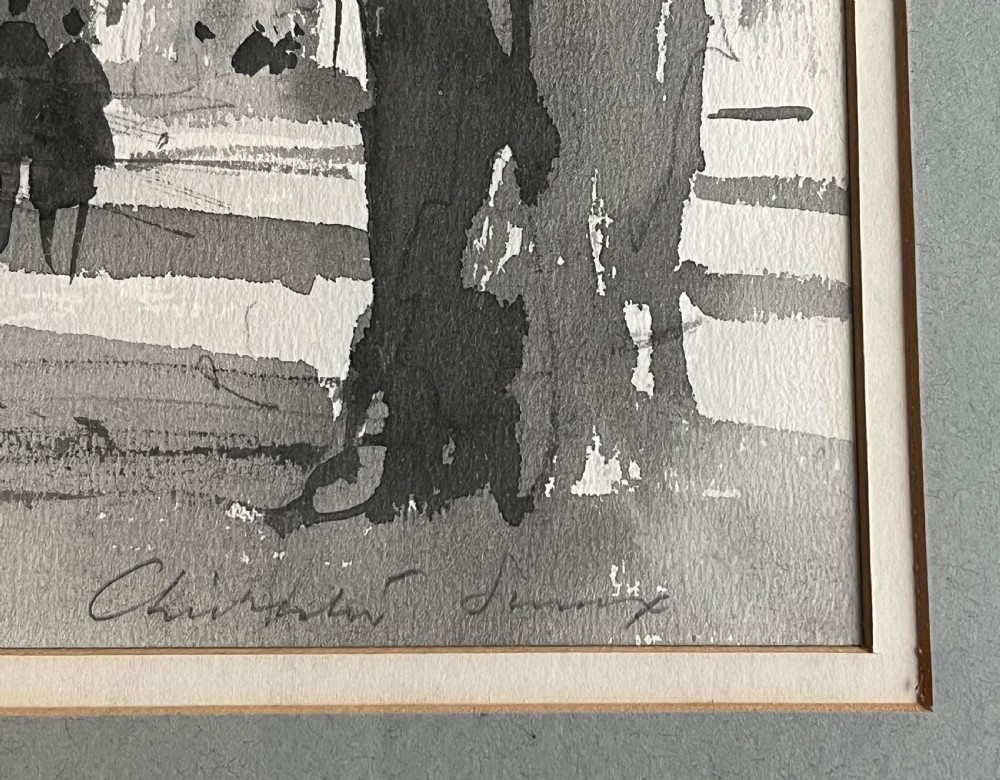 A framed monochrome watercolour painting depicting the historic Market Cross and surrounding buildings in Chichester, Sussex, signed by Stanley Orchart. View VI