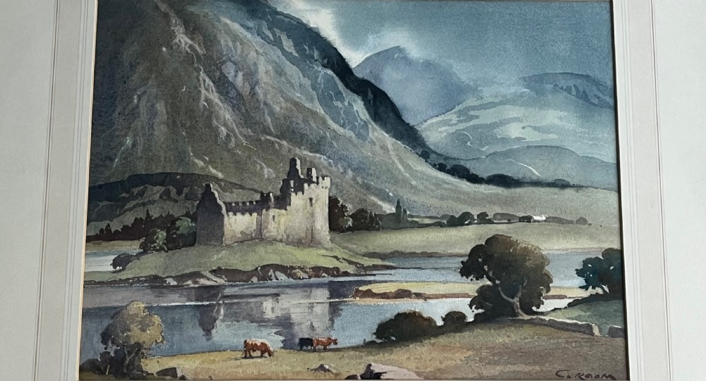 A framed watercolour painting by Emerson H. Groom depicting Kilchurn Castle on the banks of Loch Awe set against a backdrop of mountains. View III