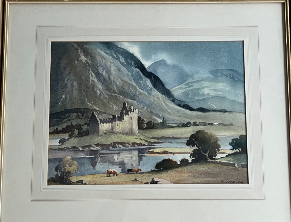 A framed watercolour painting by Emerson H. Groom depicting Kilchurn Castle on the banks of Loch Awe set against a backdrop of mountains. View V