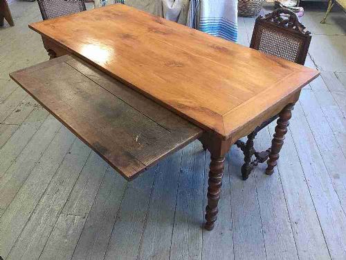 C19th French Normandy Directorate period Cherry wood Farmhouse Kitchen Table with unusual large oak side bread slide 180/80 cm 