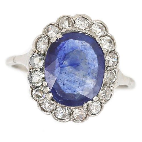 Art Deco Platinum 2.8ct Oval Sapphire 1.5ct Old Mine Cut Diamond Ring Circa 1920