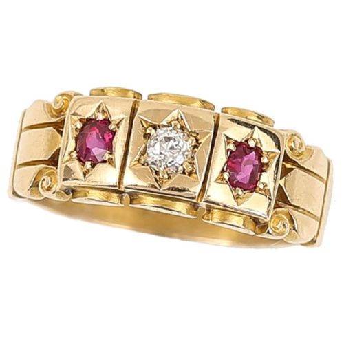 Victorian 18ct Gold Ruby and Old Mine Cut Diamond Gypsy Ring, Circa 1896