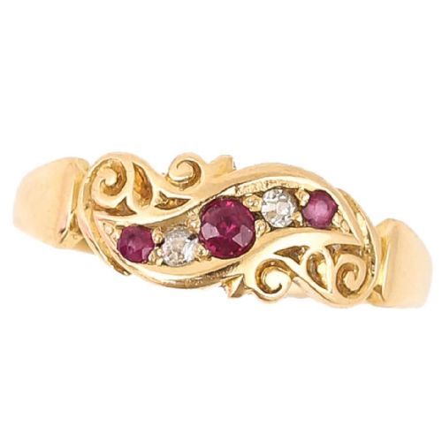 Edwardian 18ct Gold Ruby and Diamond Five Stone Band Ring Circa 1910