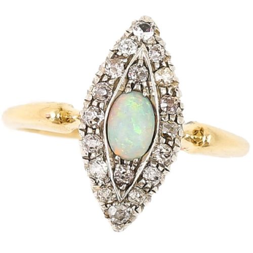Victorian 18ct Gold Opal and Old Cut Diamond Navette Ring, Circa 1900